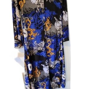 Long Sleeve Midi Floral Dress with Collar And Pockets - Black, Blue, Gold